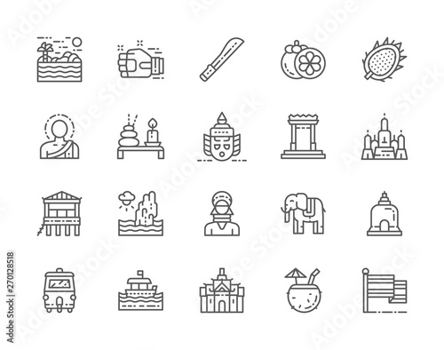 Set of Thailand Culture Line Icons. Machete, Muay Thai, Mangosteen and more.