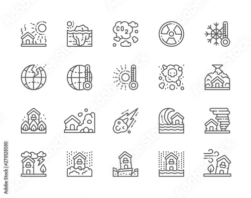Set of Natural Disaster Line Icons. Drought, Global Warming, Pollution and more.