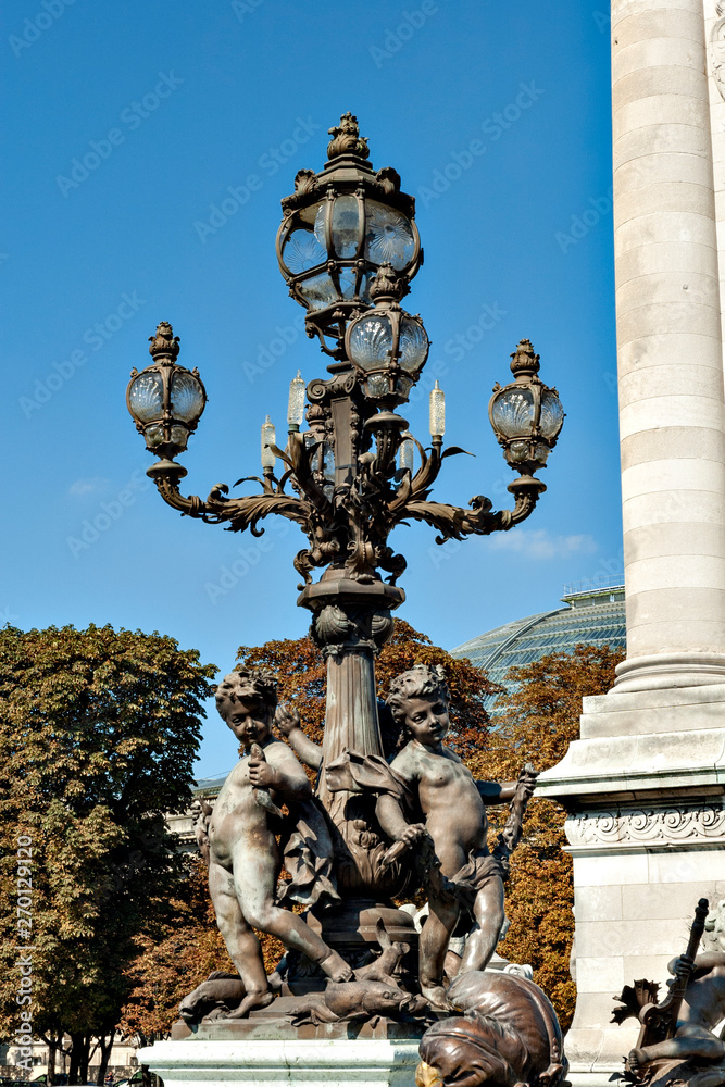 Lantern on Alexander III Bridge in Paris, France