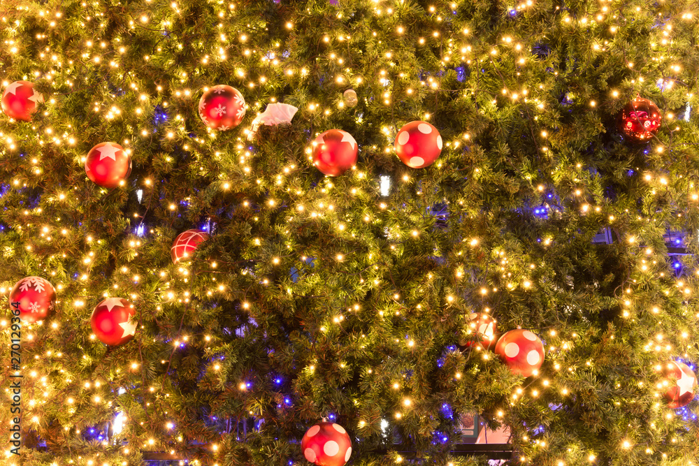 Decorative Christmas balls and Christmas tree with light