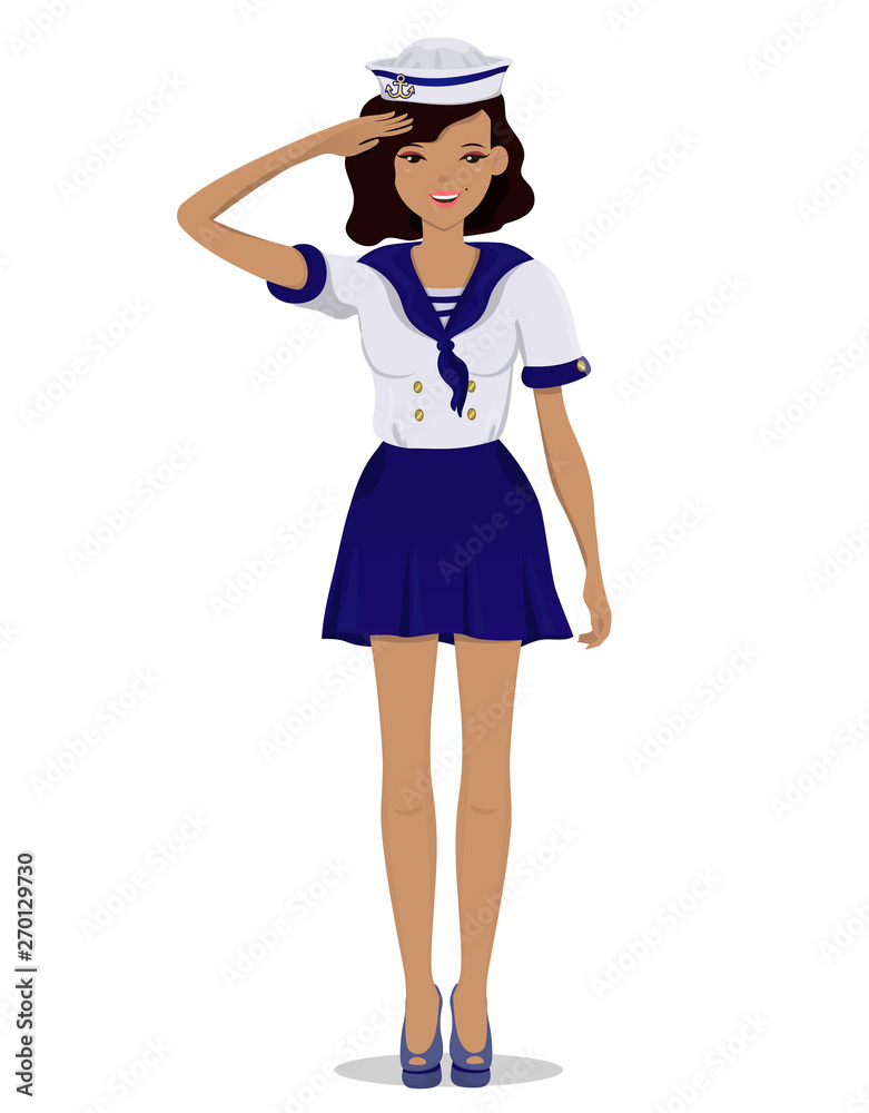 The girl in a sailor uniform in full growth. Vector image isolated on white background. The girl in a sailor uniform in full growth. Vector image isolated on white background.