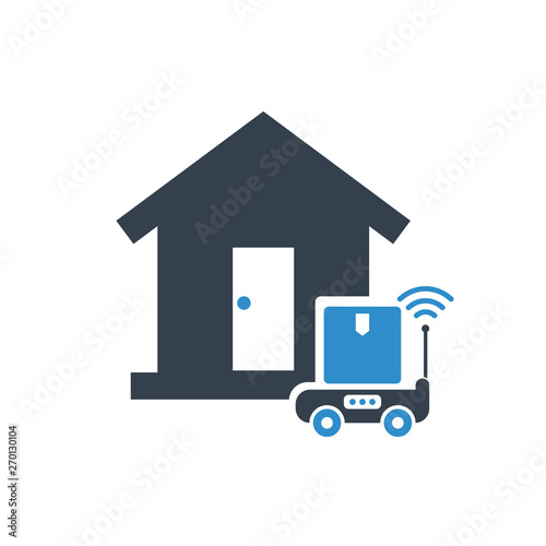 auto delivery robot stopping in front of a house icon on white background