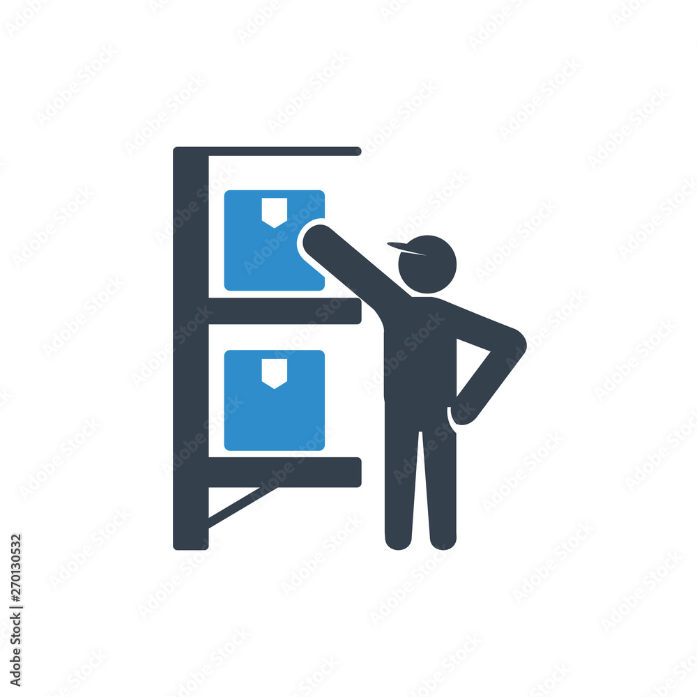 warehouse worker and storage shelf icon on white background warehouse worker and storage shelf icon on white background