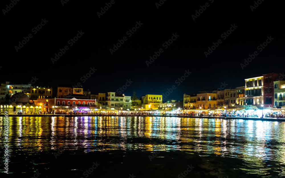 Beautiful port of Mediterranean city at night - Greece