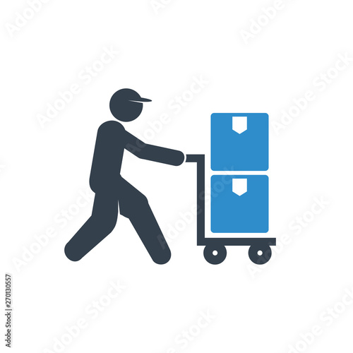 warehouse worker hauling trolley icon on white background