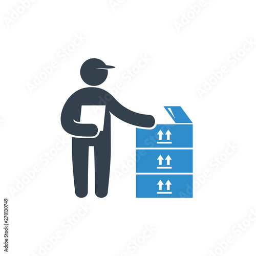 delivery service man checking a product in box icon on white background