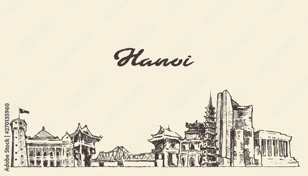 Hanoi skyline Vietnam hand drawn vector sketch