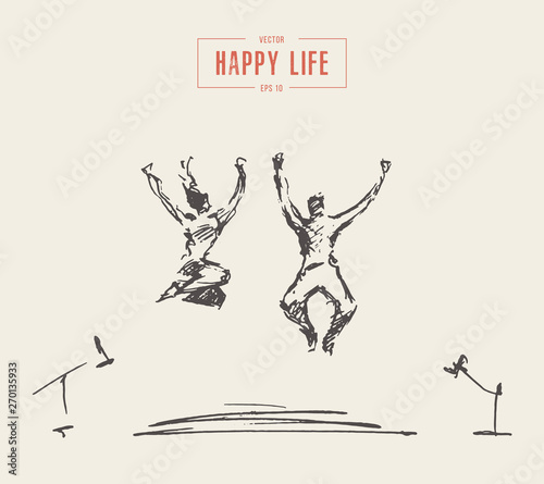 Happy couple loving people jumping freedom vector