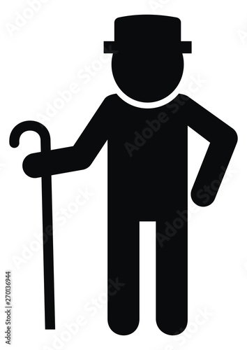 Senior, black silhouette of old man, vector icon. Male with walking stick. Standing man with hat.