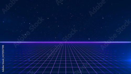 Retro Sci-Fi Background Futuristic Grid landscape of the 80`s. Digital Cyber Surface. Suitable for design in the style of the 1980`s