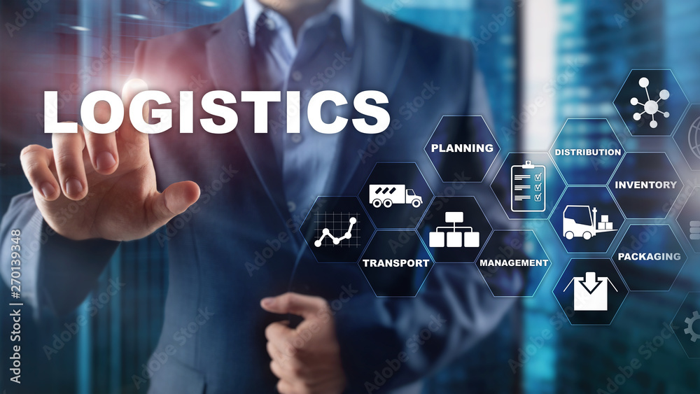 Logistic and transport concept. Businessman shows logistics diagram. Online goods orders. Goods delivery. Mixed media.