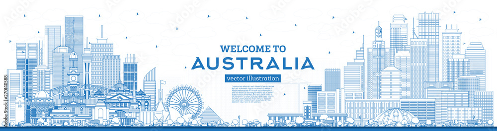Outline Welcome to Australia Skyline with Blue Buildings.