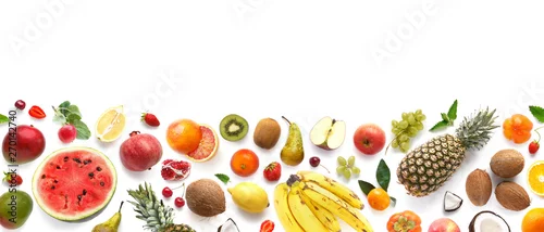 Obraz  z motywem Banner from various fruits isolated on white background, top view, creative flat layout. Concept of healthy eating, food background. Frame of fruits with space for text.