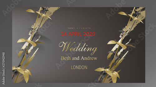 Tropical gold leaves on dark black background vector. Botanical design with tropic jungle creeper plant stem, exotic flower and golden paint smear. Wedding ceremony invitation card, holiday sale