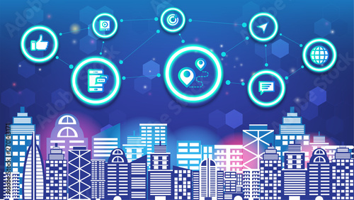 Abstract technology social media innovation smart city and wireless communication network night city social digital life, internet of things services and icons flat design.