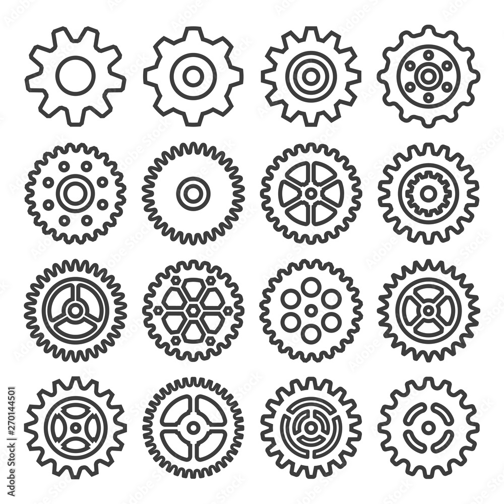 set of gears outline icons isolated on white background set of gears outline icons isolated on white background