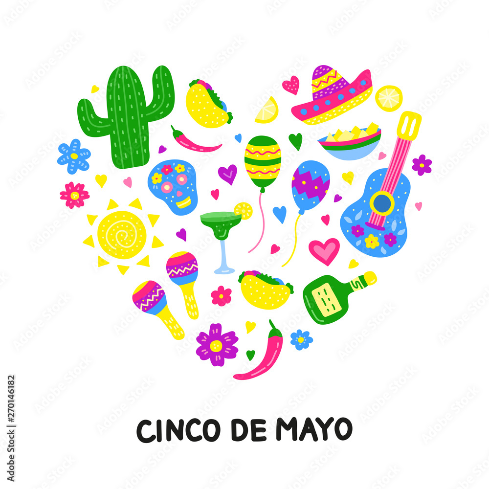 Doodle colorful icons for Cinco de mayo celebration composed in heart shape.