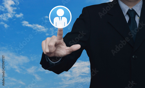 Hand click businessman flat icon over blue sky with white clouds, Business communication concept