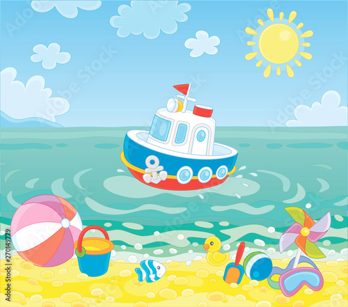 Funny ship floating in blue...