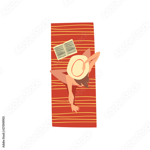 Young Woman Sunbathing on Beach Towel, Top View of Sitting Girl in Straw Het Vector Illustration