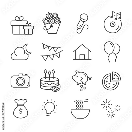 Set of budget for party tonight icons. Celebration concept outline isolated on white background