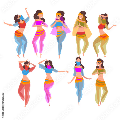 Beautiful Eastern Girls Dancing Belly Dance Set, Indian or Arabic Dancers Characters in Traditional Costume and Veil Vector Illustration