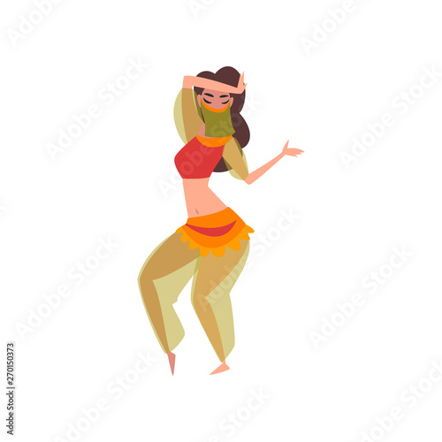 Beautiful Graceful Girl Dancing Belly Dance, Oriental Indian or Arabic Dancer Character in Traditional Costume and Veil Vector Illustration