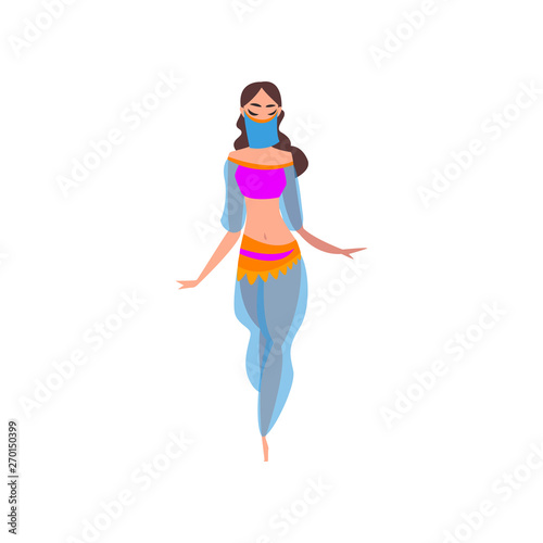Graceful Girl Dancing Belly Dance, Oriental Indian or Arabic Dancer Character in Traditional Costume and Veil Vector Illustration