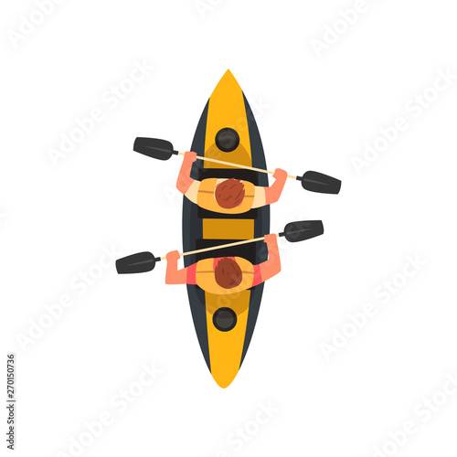 Two Men Paddling Double Kayak, Kayaking Water Sport, Outdoor Activities in Summertime, Top View Vector Illustration