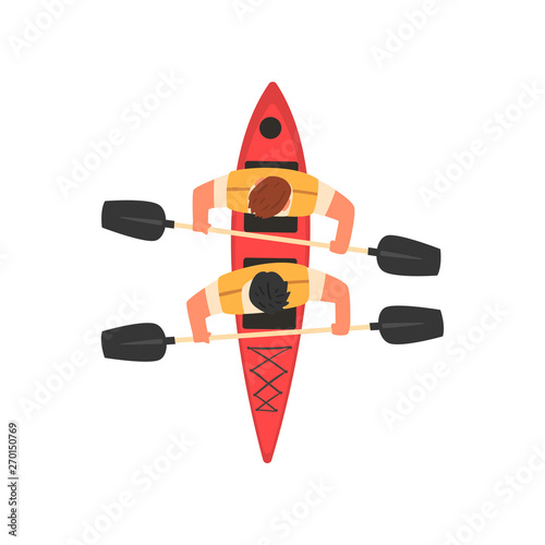 Male Athletes Paddling Double Kayak, Kayaking Water Sport, Outdoor Activities in Summertime, Top View Vector Illustration
