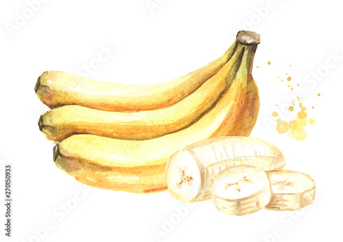 Bunch of ripe bananas and sliced one. Watercolor hand drawn illustration, isolated on white background