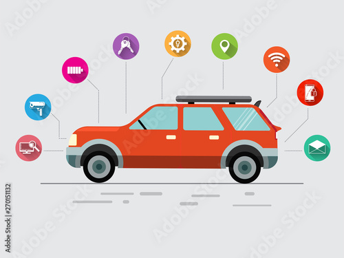 Thin line flat design of driverless car technology features,Modern vector illustration concept, isolated on white background.