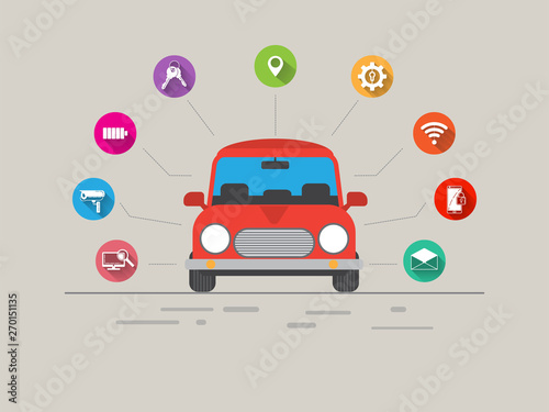 Thin line flat design of driverless car technology features,Modern vector illustration concept, isolated on white background.