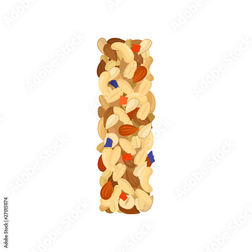 Crispy muesli in different nuts and seeds close-up. Vector illustration on white background.