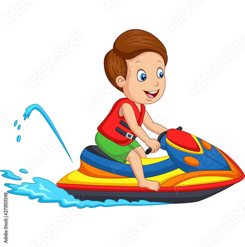 Cartoon little boy rides a jetski