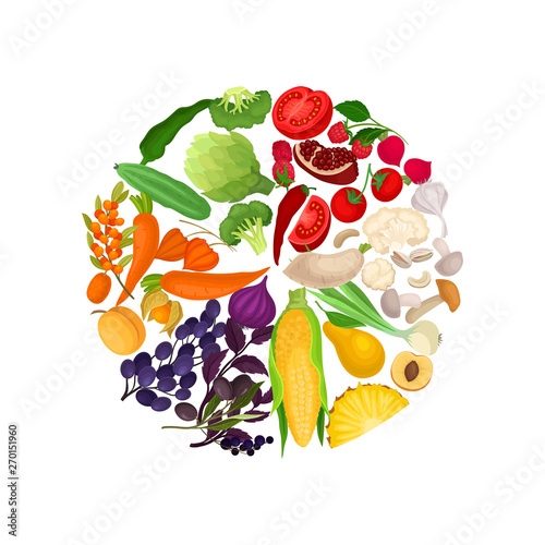Set of vegetables and fruit laid out by color in a circle. Vector illustration on white background.