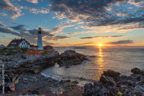 Sunrise at Portland Head Light in Maine, New England, USA.