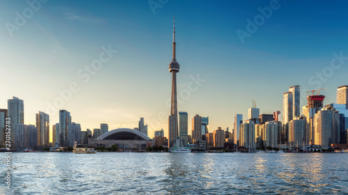 Toronto skyline and CN Tower at sunset - Toronto, Ontario, Canada. 