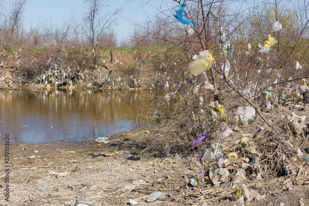 Plastic bags and bottles in a landfill. Unauthorized release of garbage, pollution of nature. The concept of environmental disaster. Plastic bags and bottles in a landfill. Unauthorized release of garbage, pollution of nature. The concept of environmental disaster.