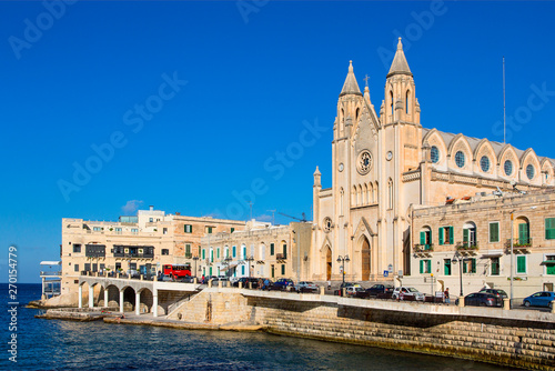 Malta, St Julians Bay. The .Carmelite Centre and church at the head of Balluta Bay