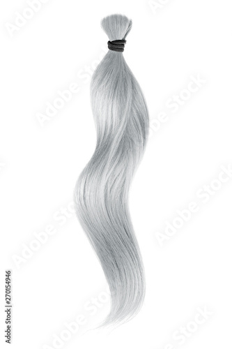 Gray hair isolated on white background. Long wavy ponytail