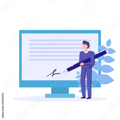Electronic signature. Signature of business contract with an e-signature on device. Vector concept illustration.