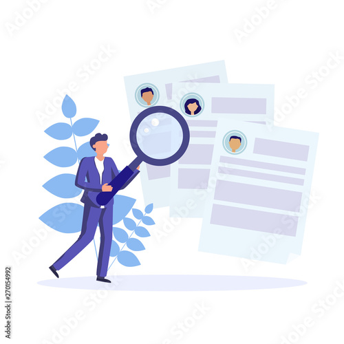 HR manager make review of employees of company. Choise of candidates in job interview process. Recruitment agency. Vector concept flat illustration.