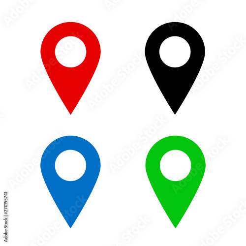 Set of Location pins. Blue, black, red and green location pins isolated on white background.