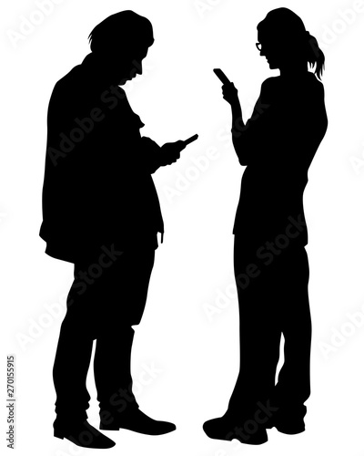Man and women with phone on white background