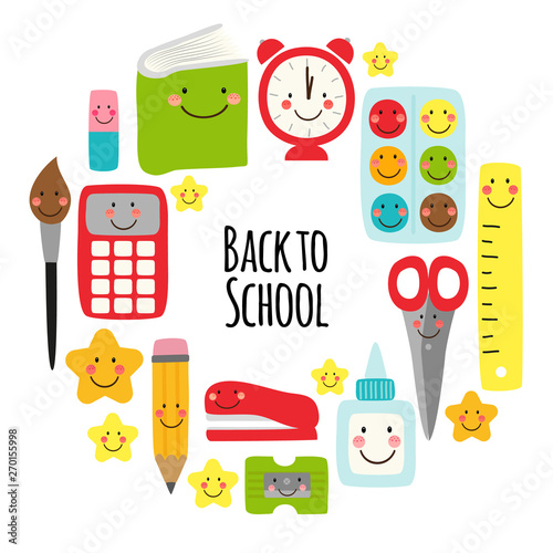 Cute Back to school frame design with colorful funny cartoon characters, education theme background