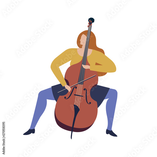 Woman musician playing violoncello cartoon funny illustration in vector.