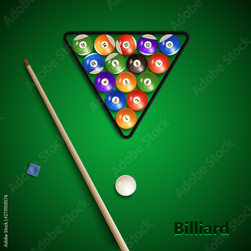 Billiard poster with cue and balls on the table