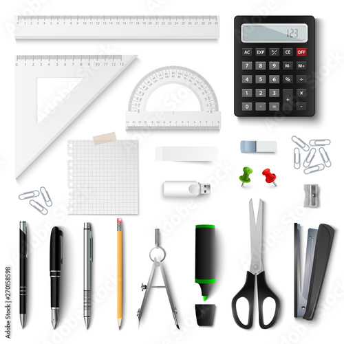 Collection of office and school supplies on white background