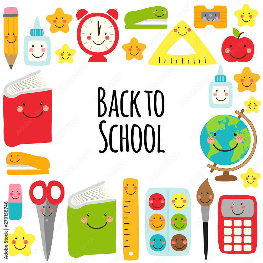 Cute Back to school frame design with colorful funny cartoon characters,  education theme background Stock Vector | Adobe Stock